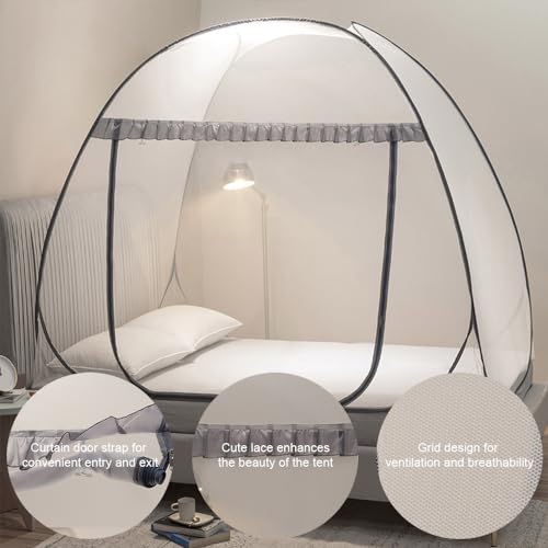 Pop-Up Mosquito Net Bed Tent - Fully Enclosed Canopy (Full/Queen, Gray)