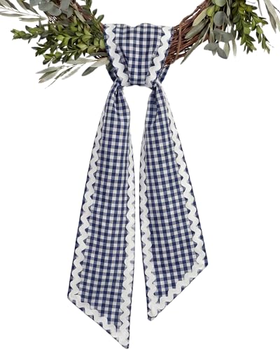 Navy Gingham Front Door Wreath Sash with Scalloped Ric Rac Trim, 4.5 x 56"