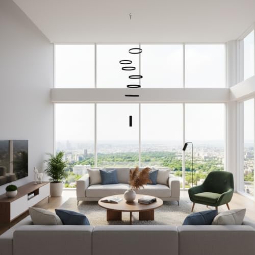 Modern Hanging Mobile with 6 Black Rings, 42-Inch Minimalist Art Decor