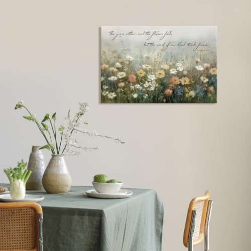 BewDalky Christian Floral Canvas Wall Art - Bible Verse & Wildflowers, Wrapped Canvas, 30 x 20 inches, Yellow White