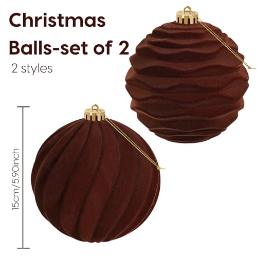 Artmag 2 Pack Brown 6-Inch Velvet Christmas Tree Ornaments, Flocked, Shatterproof Holiday Decor
