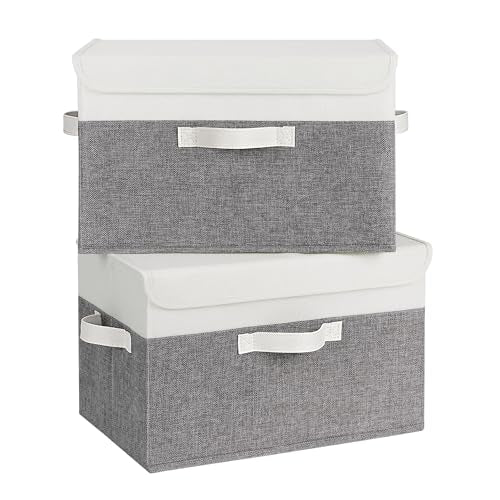 Collapsible Fabric Storage Box with Lid Large 2-Pack White Gray