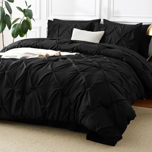 CozyLux Black Queen Comforter Set 7-Piece Pintuck Bed in a Bag