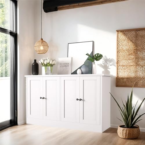 49-Inch White Buffet Cabinet with 4 Doors and Adjustable Shelves