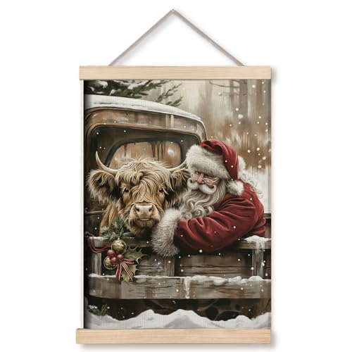 Rustic Highland Cow Santa Wall Art - 12x16 Inches, Farmhouse Christmas Canvas Print (Color 02)