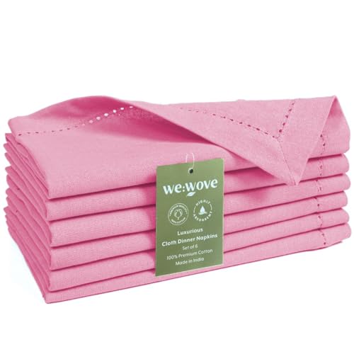 WeWove 100% Cotton Dinner Napkins Set of 6 – 18x18 in, Pink, Hemstitch, Reusable