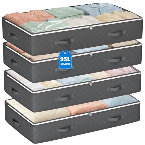 95L Under Bed Storage Containers 4 Pack Foldable Closet Organizers