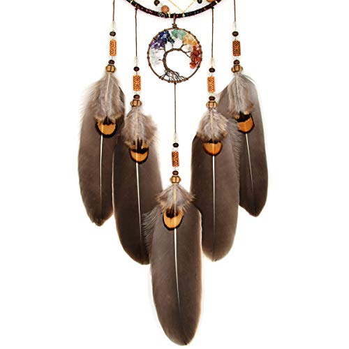 Tree of Life Dream Catcher with 7 Chakra Healing Crystals 18-inch Wall Decor