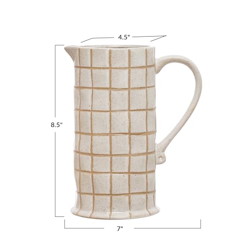 Bloomingville 8.5 Inches 46-Ounce Stoneware Pitcher with Wax Relief Grid Pattern in Reactive Glaze, Cream and Brown