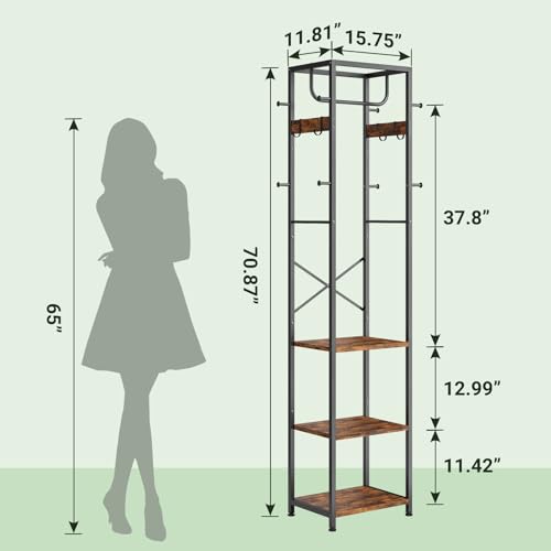 Industrial Freestanding Hall Tree with 3 Shelves and 12 Hooks, Rustic Brown