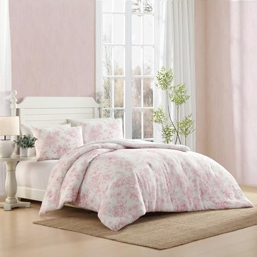 Floral Waffle Textured Comforter Set with Shams - Pastel Pink, Full/Queen