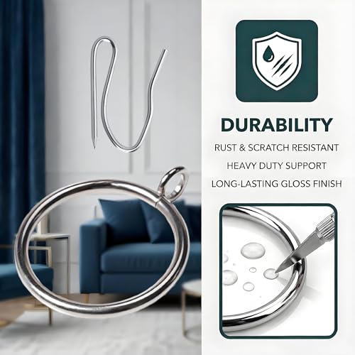 Metal Curtain Rings with Hooks, 1.5 Inch Eyelet for 1.25 Inch Rods