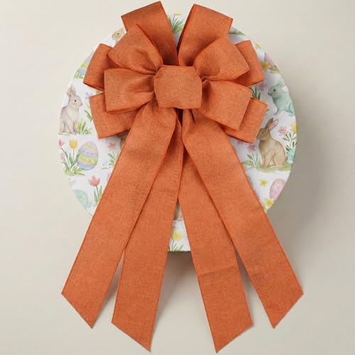 Orange Large Bow for Wreath & Tree Topper - 11x21 Inch Wired Faux Linen