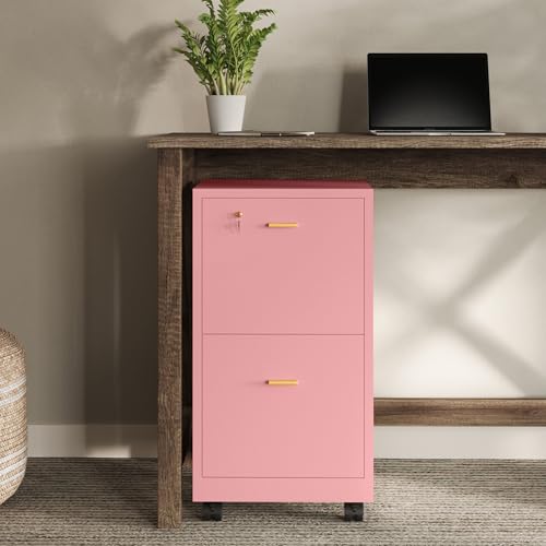 2-Drawer Rolling File Cabinet with Lock, Pink Wooden Under Desk Organizer