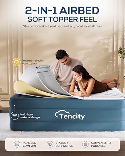 Queen Air Mattress with Built-in Pump, 20" Extra High, Foam Topper