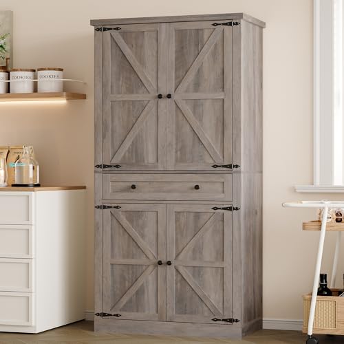 Tall Kitchen Pantry Cabinet with Barn Doors, White Storage Organizer