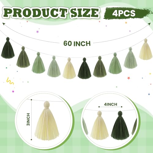 4-Piece Sage Green Cotton Tassel Garland Boho Wall Decor Banners