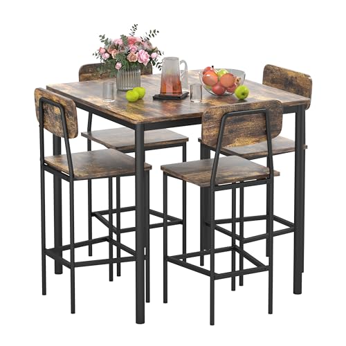 5-Piece Industrial Dining Table Set with 4 Stools, Rustic Space Saving