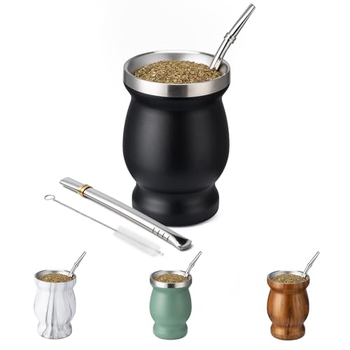 Husfunov 8oz Yerba Mate Cup Black Double-Wall Stainless Steel Travel Mug