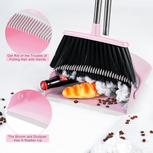 Long Handle Broom and Dustpan Set with Built-In Comb Teeth - Pink