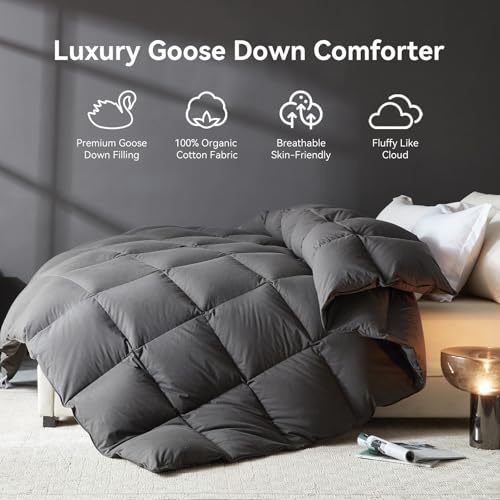 L LOVSOUL All-Season Goose Feather Down Fiber Comforter - Queen, Grey