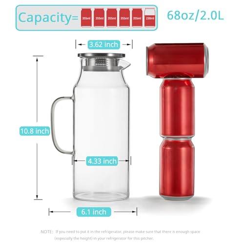 2 Liter (68 oz) Borosilicate Glass Pitcher with Stainless Steel Lid & Handle