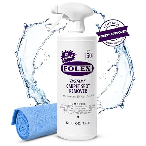 FOLEX Instant Carpet Spot Remover 32 oz ? Powerful Stain Remover for Carpets, Upholstery & Rugs ? Eliminates Pet Stains, Grease, Red Wine, Food, Makeup & More ? With Reusable Cleaning Cloth ? 1 Pack