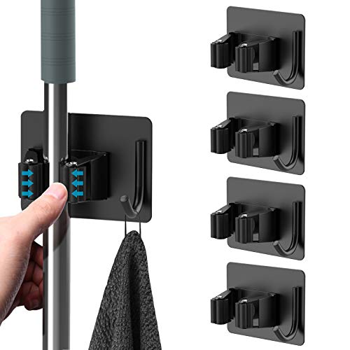 Self Adhesive Broom Holder Wall Mount Stainless Steel Mop Hanger with Hooks