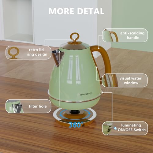 Evoloop 1.7L Electric Kettle - Glossy Green, BPA-Free Stainless Steel Tea & Hot Water Boiler, Auto Shut-Off, 1500W