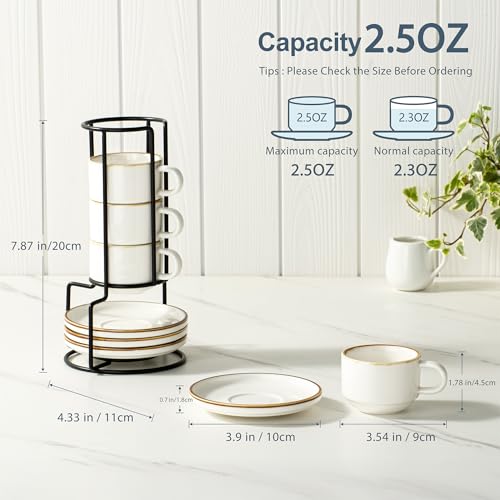 ONEMORE 2.5 Oz Porcelain Espresso Cups Set of 4 with Saucers & Metal Rack