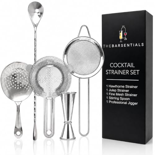 TheBarsentials 5-Piece Stainless Steel Cocktail Strainer Set with Stirring Spoon - Hawthorne, Julep, Fine Mesh & Jigger