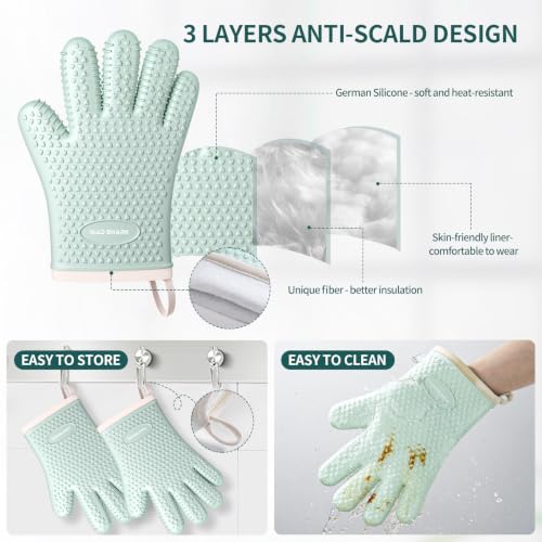 Silicone Oven Mitts with Fingers, Heat Resistant 450°F Waterproof Gloves