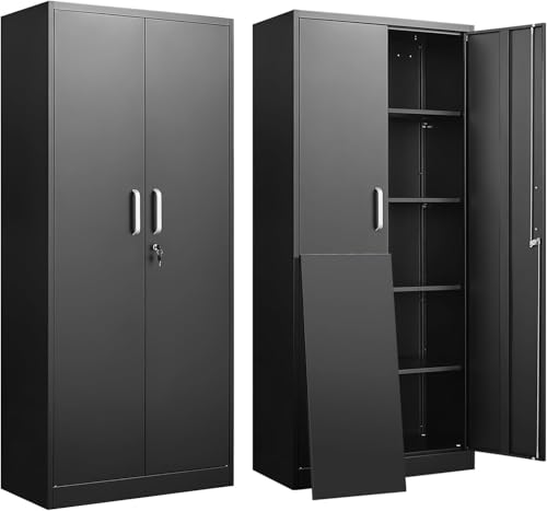 71-Inch Metal Storage Cabinet with Adjustable Shelves, Black Steel