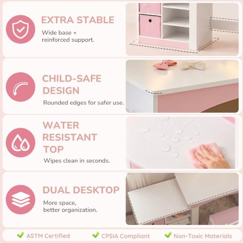 Kids Vanity Set with Lighted Mirror, Dual-Height Dress-Up Station and Chair