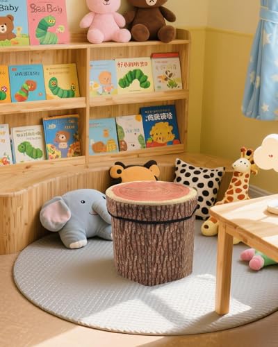 Tree Stump Storage Ottoman, Collapsible Foldable Toy Box & Foot Stool