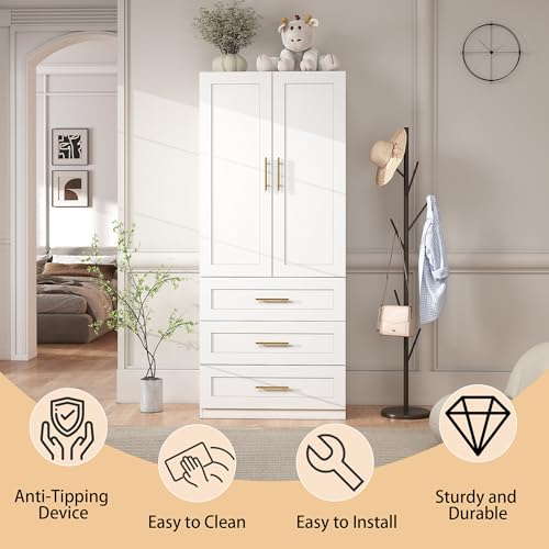 Modern White Wardrobe Closet with 3 Drawers and Hanging Rail
