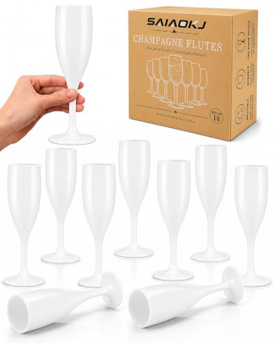 SAIAOKJ White Plastic Champagne Flutes 6 Oz - 10 Pack for Parties & Events