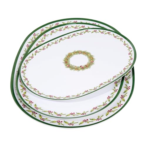 Oval Christmas Serving Tray Set of 3 Melamine Platters for Snacks Cookies Candy - Green & White