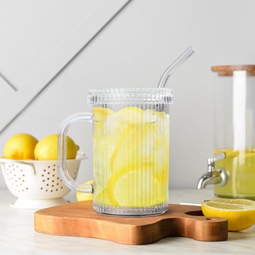 Joeyan Clear Ribbed 13oz Glass Tumbler with Lid, Straw & Handle – 2-Pack, Dishwasher Safe (Variation: Clear Ribbed Glass Tumbler)