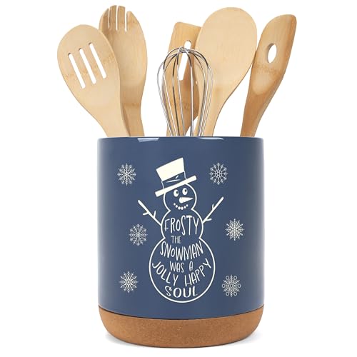Snowman Navy Ceramic Utensil Holder with Cork Bottom - Holiday Kitchen Organizer