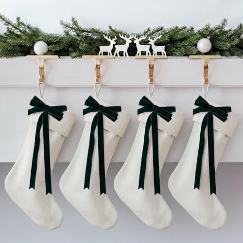 4 Pcs Linen 18in Christmas Stockings with Velvet Green Bow – Farmhouse Holiday Set