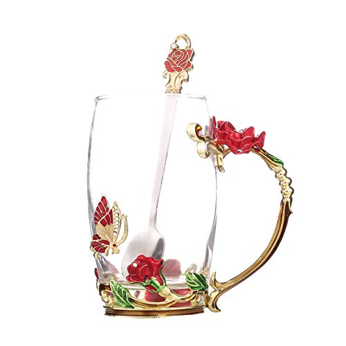 FDINF High Red Rose Glass Tea Mug with Butterfly & Spoon - Gift for Tea Lovers