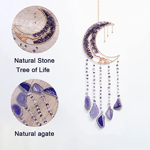 Moon Dream Catcher with Natural Purple Agate Stone and Tree of Life Decor