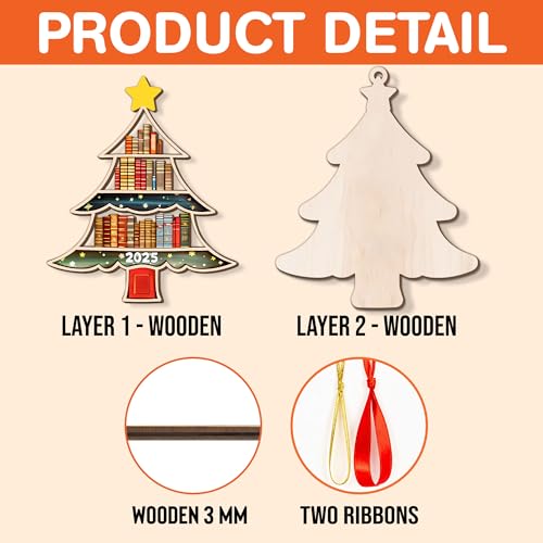 Book Tree 2-Layer Wooden Christmas Ornament – Bookworm Gift for Women, Teachers & Librarians (Variation: Book Tree 2 Layer)