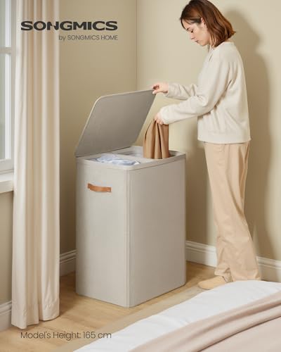 SONGMICS 44.9 Gal. 2-Compartment Laundry Hamper with Lid and Removable Liners, Cappuccino Beige