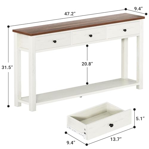 47-Inch Farmhouse Console Table with 3 Drawers and Storage Shelf