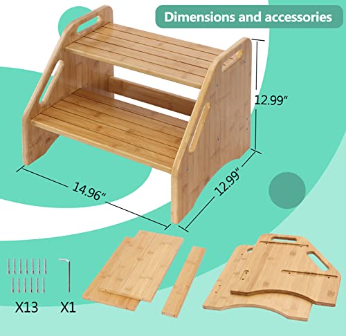 Bamboo 2-Step Stool for Kids & Toddlers with Handles and Non-Slip Pads