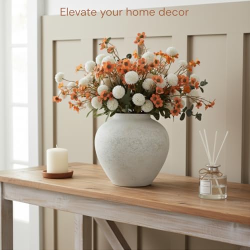 Rustic White Round Ceramic Vase - 11 Inch Textured Table Centerpiece Decor