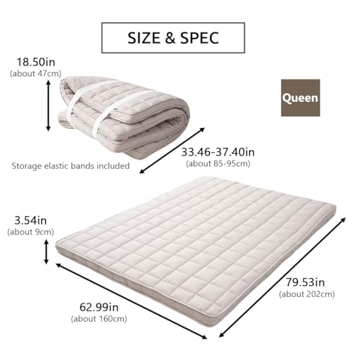 Japanese Padded Futon Mattress, Queen Size Foldable Floor Sleeping Bed