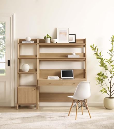 2-Piece Mid-Century Modern Home Office Desk and Bookshelf Set in Oak